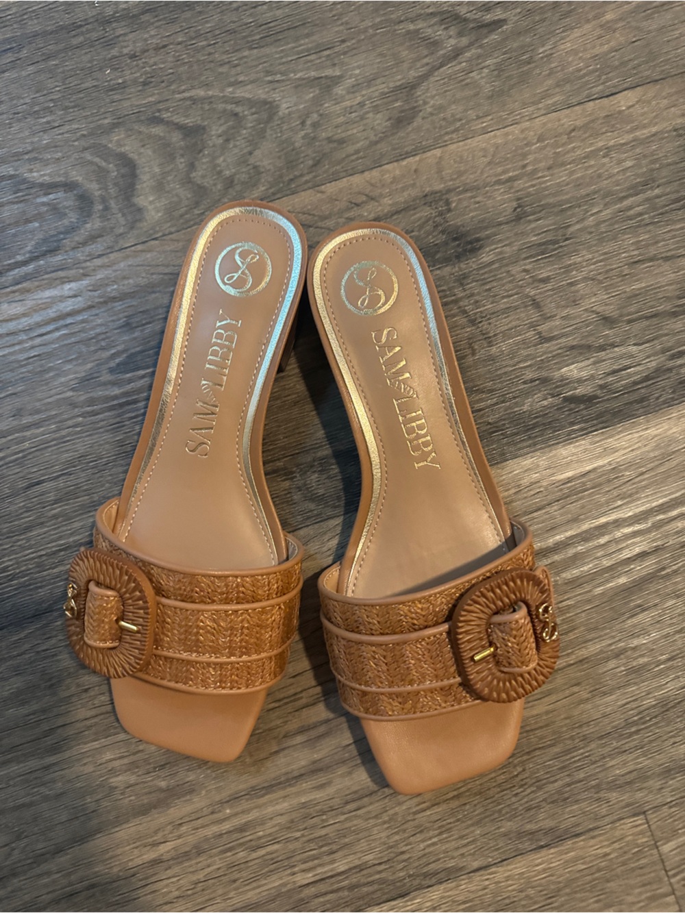 Sam & Libby Tan Woven Buckle Slide Mules kandie vacay resort momcore